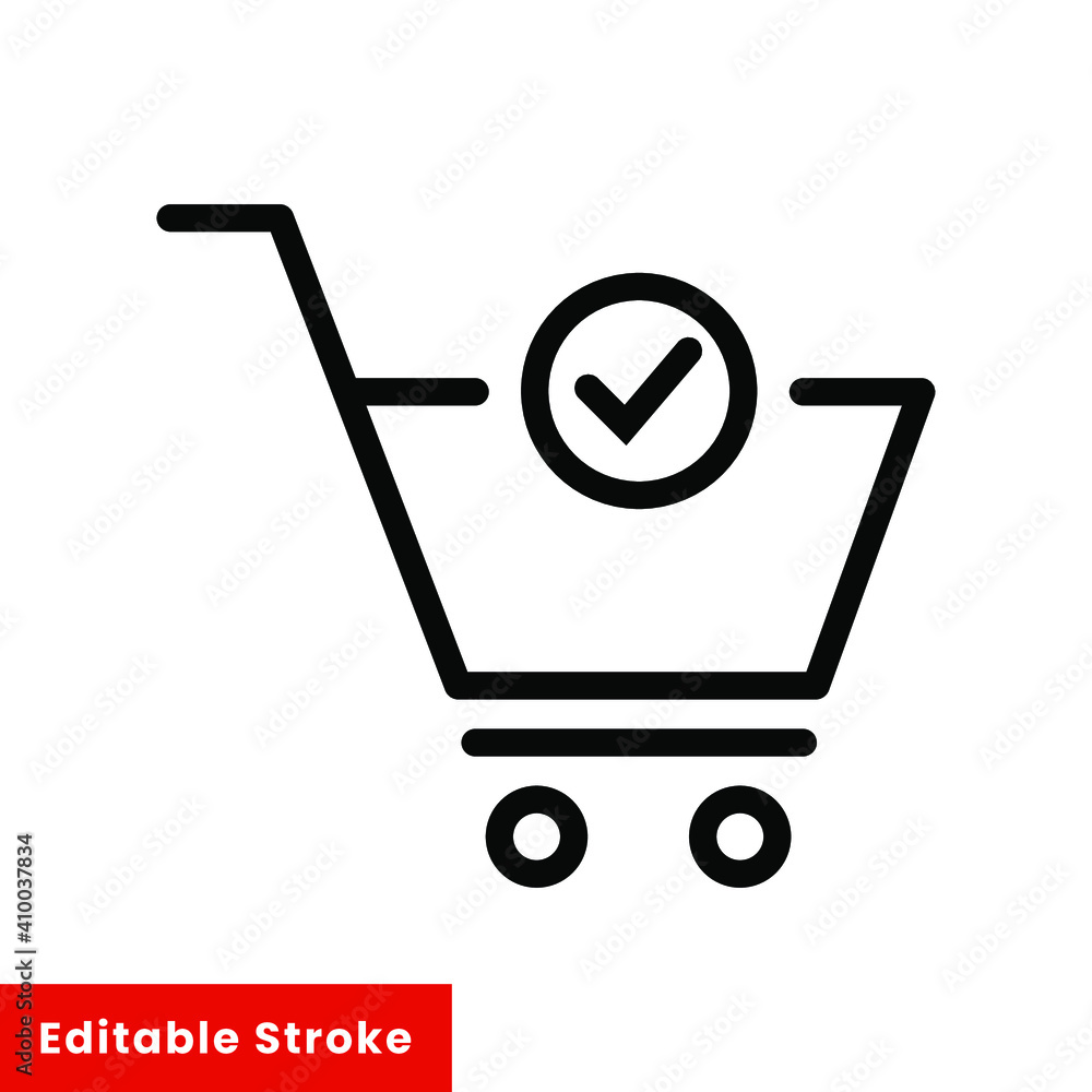 Shopping cart and check mark icon. Simple line style for web and app. Trolley symbol on white background. Vector Illustration. Editable stroke EPS10 Shopping cart and check mark icon. Simple line style for web and app. Trolley symbol on white background. Vector Illustration. Editable stroke EPS10