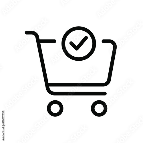 Shopping cart and check mark icon. Simple line style for web and app. Trolley symbol on white background. Vector Illustration. EPS10