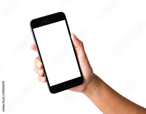 Woman hand holding a smartphone blank white screen