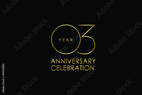 Luxury Black Gold 03 years anniversary, minimalist logo years, jubilee, Ribbon greeting card. Birthday invitation. Gold space vector illustration on black background - Vector