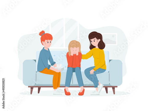 Two women support a crying friend. Friendly support concept and comforting friends.