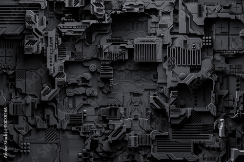 3d illustration of a pattern in the form of a metal, technological plating of a spaceship or a robot. Abstract Graphics in the style of computer games. Close up of the black cyber armor on neon lights