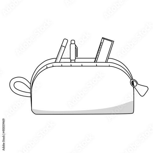 pencil box filled with school supplies. Black and white vector illustration for a coloring book