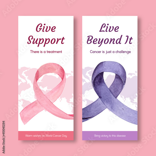 Flyer template with world cancer day concept design for brochure and leaflet watercolor vector illustration.
