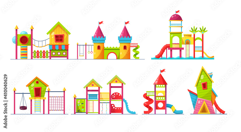 Children playground set. Children's amusement outdoor park, with attractions, carousels, children slide, teeter board, playhouses with slides and swings, labyrinths