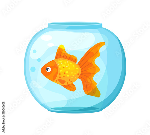 Single goldfish swimming in round glass bowl aquarium cartoon