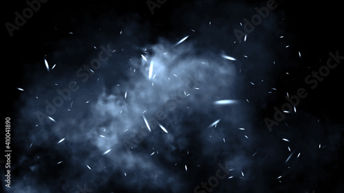 Perfect blue fire particles embers sparks on isolated black background . Texture overlays. Explosion burn effect. Stock illustration.