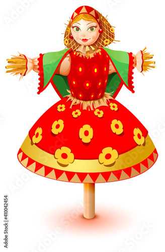 Russian straw effigy woman in traditional dress. Maslenitsa russian pancake week shrovetide carnival