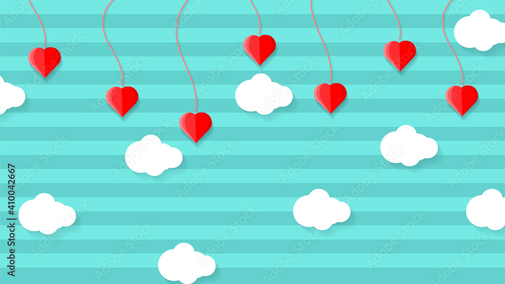 Beautiful Valentines day of paper art design with heart balloon and clouds, paper cut style vector line pastel background