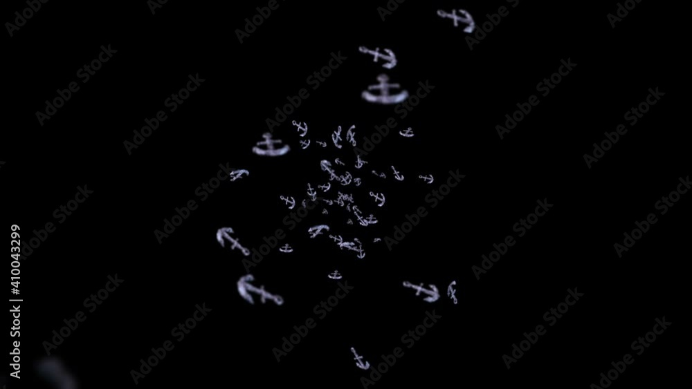 Flying many anchors on black background. Ship and boat anchor. Marine icon. 3D loop animation of anchor rotating. Flying many anchors on black background. Ship and boat anchor. Marine icon. 3D loop animation of anchor rotating.