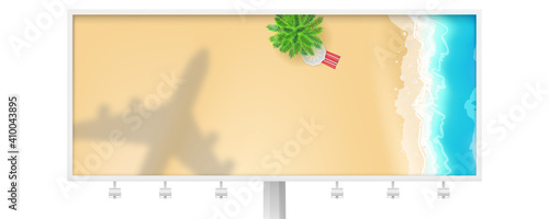 Shadow of plane under tropical beach. Landscape on billboard with palms and seashore. Top-down view. Flat-lay vector 3d illustration.