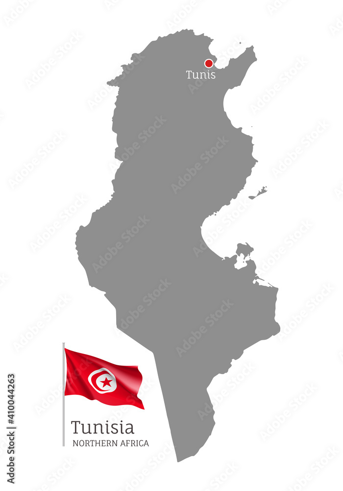 Silhouette of Tunisia country map. Gray editable map with waving national flag and Tunis city capital, North Africa country territory borders vector illustration on white background