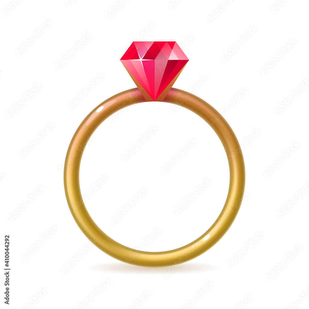 Gold ring with red gemstone. Engagement, marriage proposal, wedding, Valentines Day symbol, romantic love attribute vector illustration on white background Gold ring with red gemstone. Engagement, marriage proposal, wedding, Valentines Day symbol, romantic love attribute vector illustration on white background