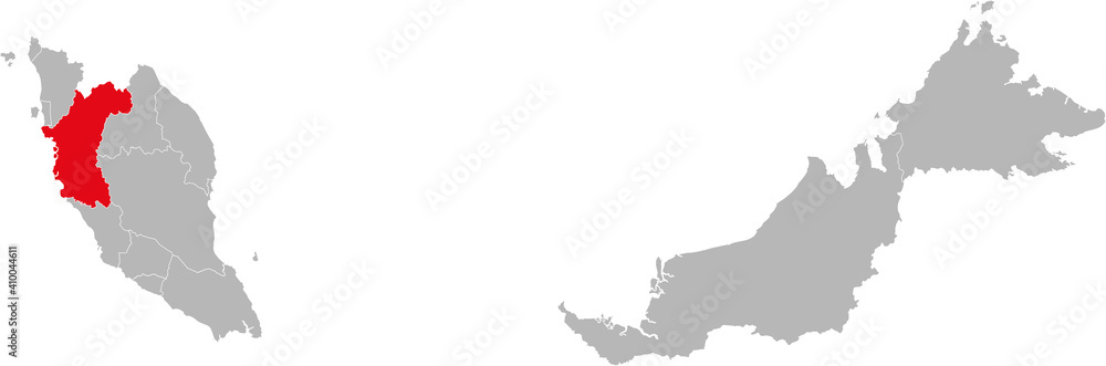 Perak state isolated on malaysia map. Gray background. Business concepts and backgrounds.