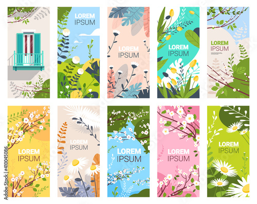 set beautiful flowers and leaves floral spring posters collection vertical greeting cards horizontal vector illustration