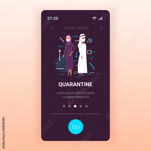 arabic couple in protective medical masks to prevent coronavirus pandemic covid-19 virus control social distancing concept man woman stand back to back smartphone screen mobile app full length vector