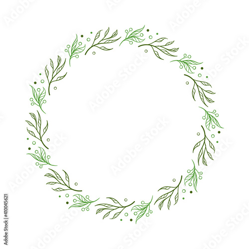 Round floral frame. Green spring wreath. Monogram, wedding invitation or greeting card template.