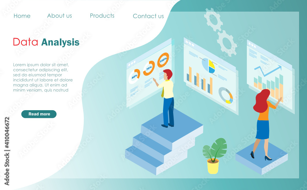 Isometric view. Business man and woman analysing data from virtual business graph charts and icons. Idea for futuristic digital technology in business strategic development and solution. Isometric view. Business man and woman analysing data from virtual business graph charts and icons. Idea for futuristic digital technology in business strategic development and solution.