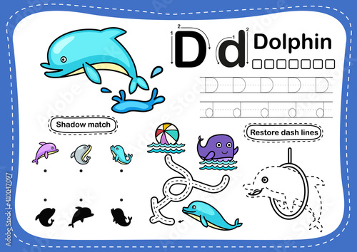 Alphabet Letter D-dolphin exercise with cartoon vocabulary illustration, vector