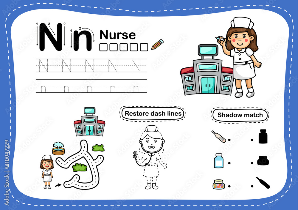 Alphabet Letter N-nurse exercise with cartoon vocabulary illustration, vector