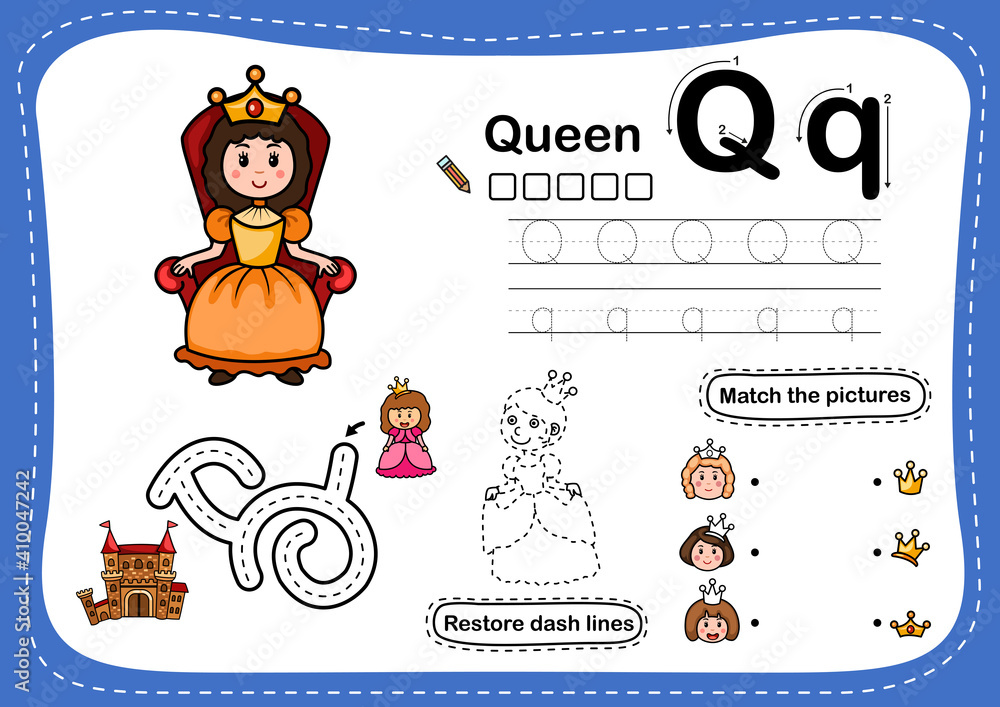 Fototapeta premium Alphabet Letter Q-Queen exercise with cartoon vocabulary illustration, vector