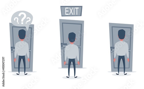 Businessman standing in front of the door. Choosing the way for Moving forward. Set. Cartoon Vector Illustration.