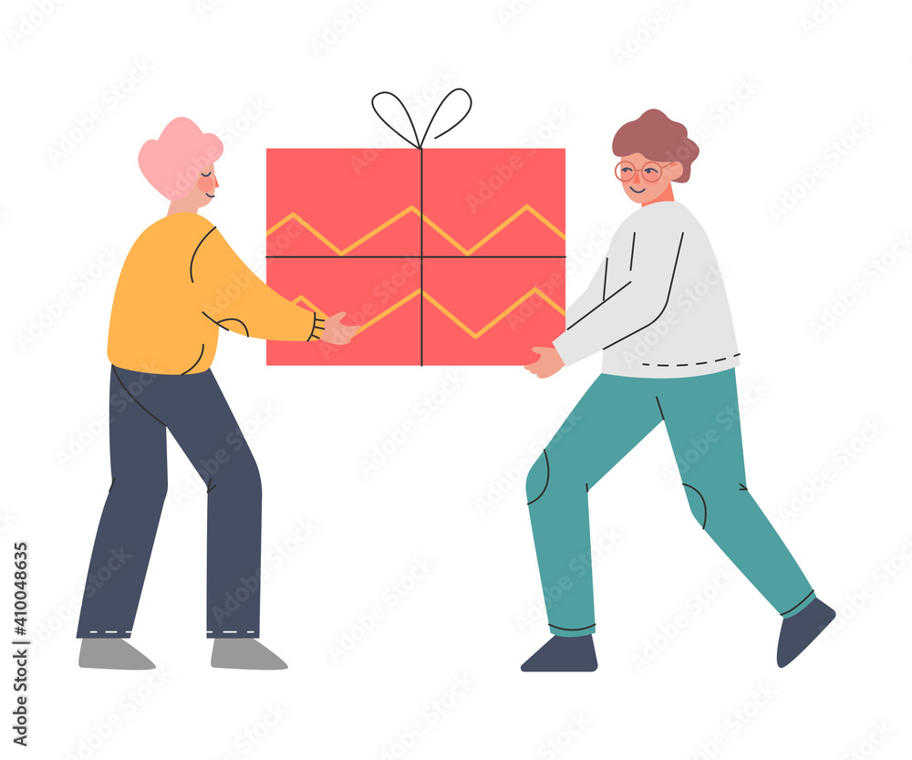 Two Teenage Boys Carrying Huge Present Box, Joyful People Celebrating Holiday and Holding Gift Box Cartoon Vector Illustration Two Teenage Boys Carrying Huge Present Box, Joyful People Celebrating Holiday and Holding Gift Box Cartoon Vector Illustration