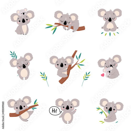 Adorable Koala in Various Actions Set, Lovely Australian Animals Cartoon Characters Vector Illustration
