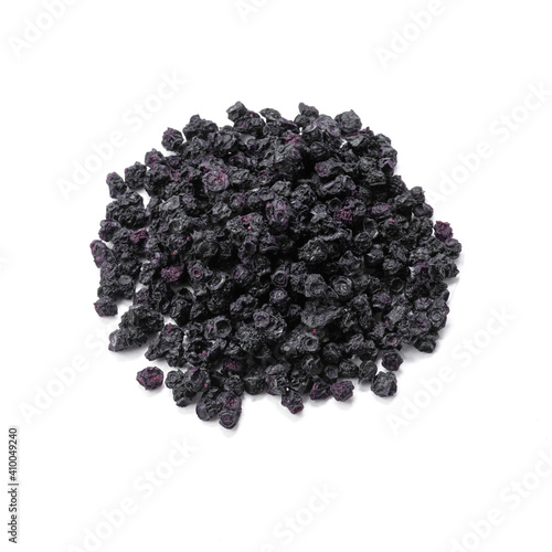 Dried blueberries. White background. Isolated. Close-up. View from above.
