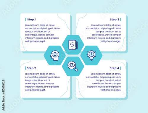 design thinking four step path bulb magnifier head gear icon set collection infographic diagram outline style