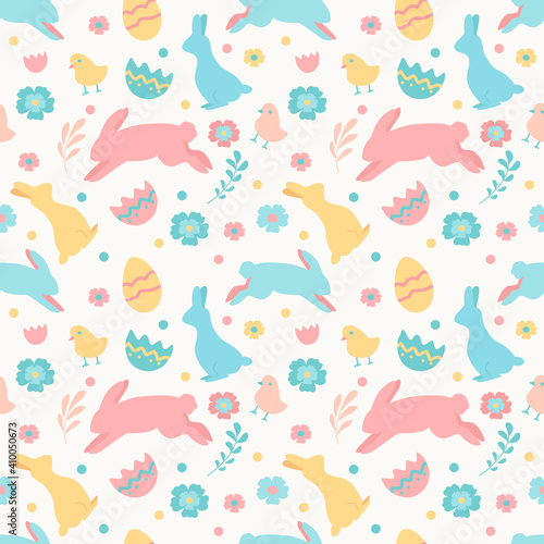 cute vector seamless pattern on Easter theme with hand drawn rabbits, chikens, flowers and colored eggs. pattern for printing on clothing, fabric, wrapping paper