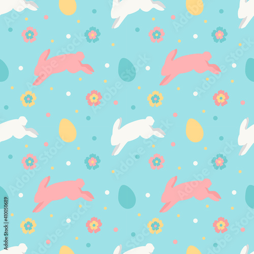 cute vector seamless pattern on Easter theme with hand drawn rabbits and colored eggs. pattern for printing on clothing  fabric  wrapping paper