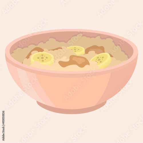 Vector illustration of pink porridge bowl with banana and peanut butter.