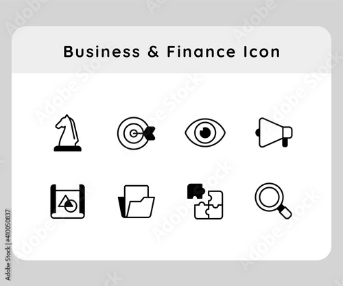 business and finance chess target eye speaker puzzle folder lupe icon icons set collection collections package white isolated background with pictogram outline style