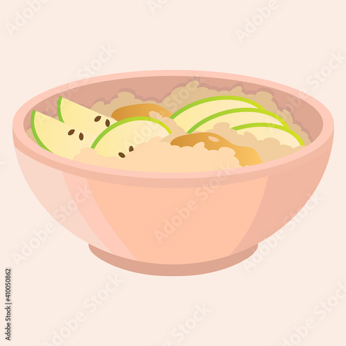 Vector illustration of pink porridge bowl with fresh green apples and honey.