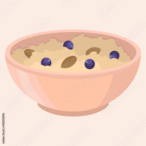 Vector illustration of pink porridge bowl with fresh blueberries and almond.