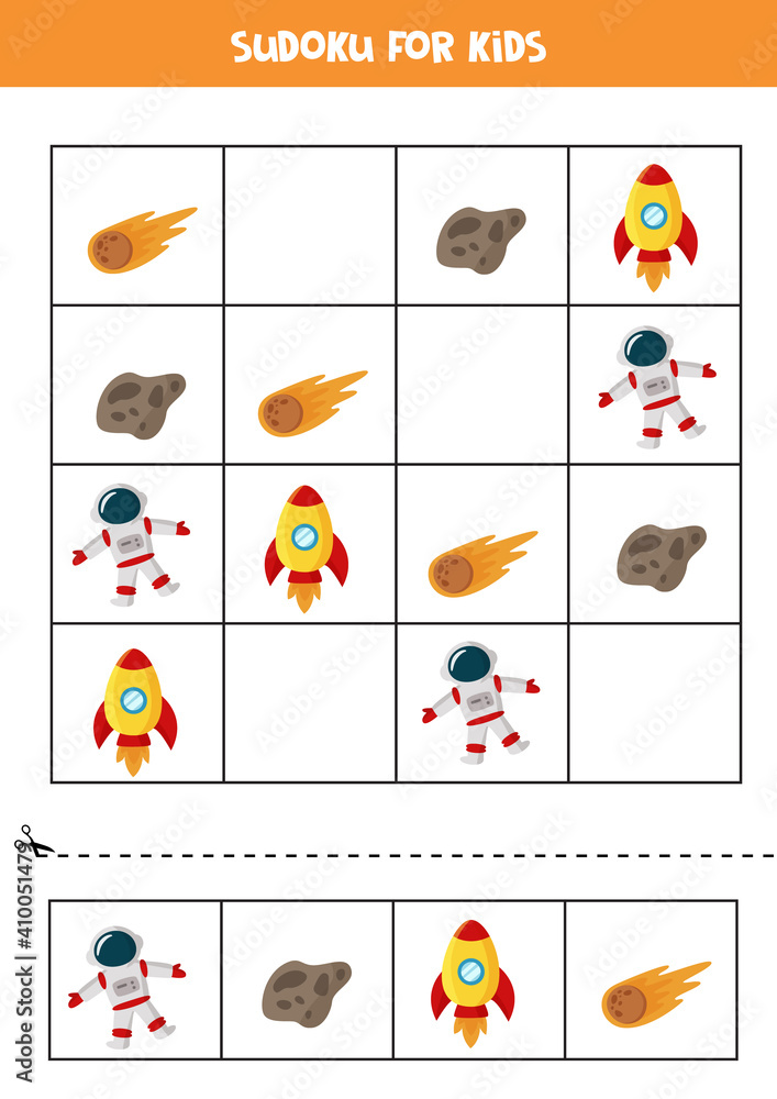 Sudoku game with cartoon rocket, astronaut, comet and asteroid.