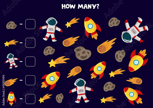 Counting game with cute cartoon space elements. Math worksheet.
