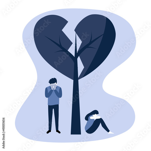 Broken heart concept vector illustration. Sad man and woman crying under broken heart tree in flat design. Bad Valentine’s Day. Breakup or divorced couple.