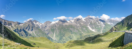 Panoramic view of Grossglockner mountain range from high alpine road in sunny summer in Austria © Davidzfr