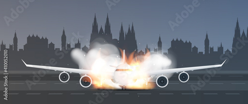 The plane is on fire on the runway. Airplane crash or wreck concept. Foreground. Vector illustration.