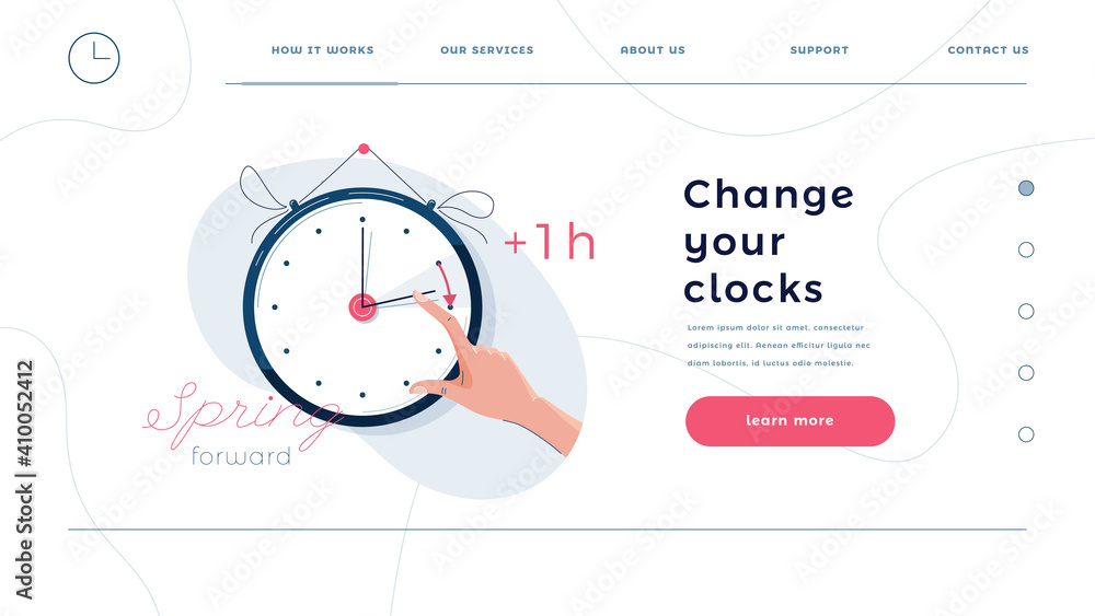 Daylight saving time homepage template. Human hand is turning the clock hands forward by an hour. Turning to summer time, spring clock changes concept for web design. Flat style, vector illustration Daylight saving time homepage template. Human hand is turning the clock hands forward by an hour. Turning to summer time, spring clock changes concept for web design. Flat style, vector illustration