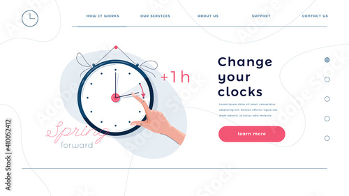 Daylight saving time homepage template. Human hand is turning the clock hands forward by an hour. Turning to summer time, spring clock changes concept for web design. Flat style, vector illustration
