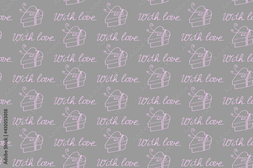 Vector seamless pattern with gift boxes in shape of heart and handwritten lettering- with love. Holiday background texture. For wrapping paper, greeting card, wedding, birthday, Valentine's Day