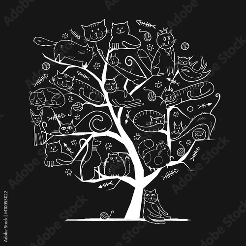 World Cats Day. Art Tree with funny cats for your design