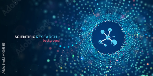 Scientific medical research vector web banner. Science abstract blue background with motion blur particles