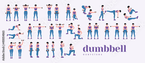 Dumbbell workout Set. Women doing fitness and yoga exercises. Lunges  Pushups  Squats  Dumbbell rows  Burpees  Side planks  Situps  Glute bridge  Leg Raise  Russian Twist  Side Crunch .etc