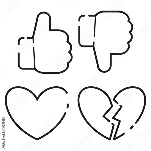 Like and dislike. Hand gestures. Thumb up and down. Yes and no. Whole and broken hearts. A symbol of love and romance. Thin line icons for web, applications and design. Minimalistic flat style. Set.