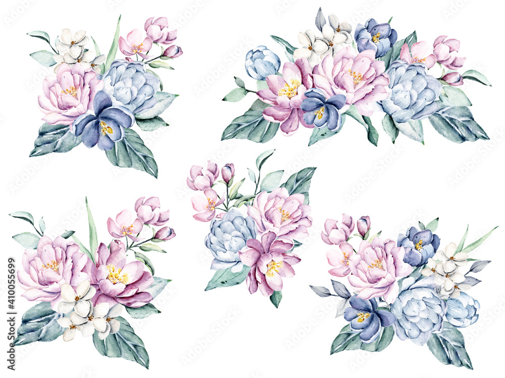 Floral set watercolor flowers hand painting, vintage bouquets with pink and blue peonies. Decoration for poster, greeting card, birthday, wedding design. Isolated on white background.