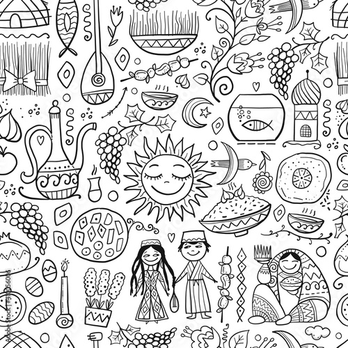 Nowruz, holiday of arrival of spring. Holiday symbols, people, food, customs and traditions. Seamless Pattern for your design